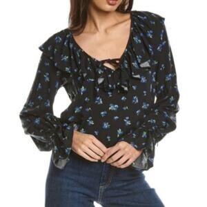 WeWoreWhat Women's Floral Print Ruffle Blouse Watercolor Ditsy Black Multi Sz L